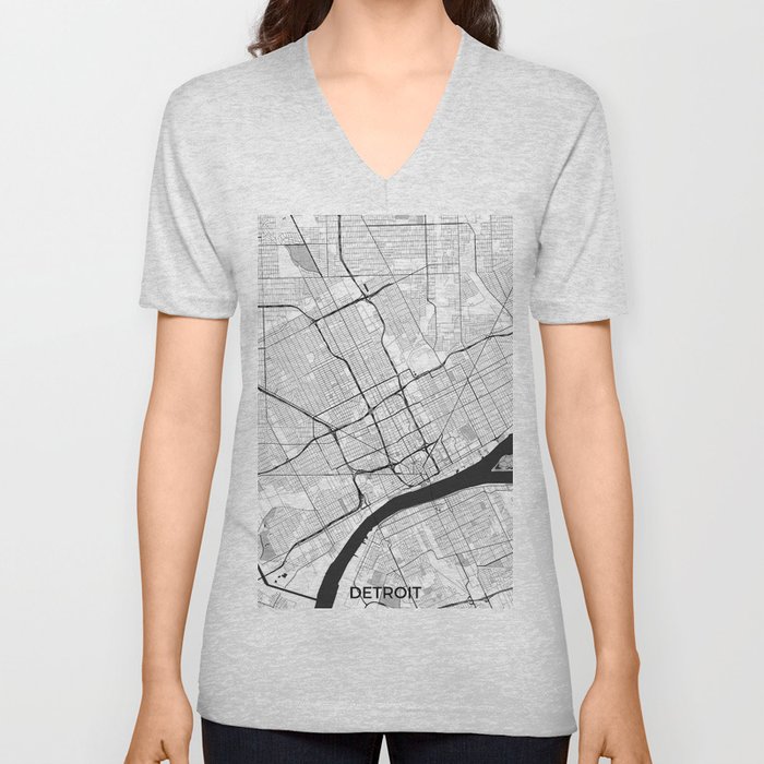 Detroit Map Gray V Neck T Shirt