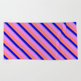 [ Thumbnail: Colorful Blue, Light Slate Gray, Violet, Salmon, and Maroon Colored Lines Pattern Beach Towel ]