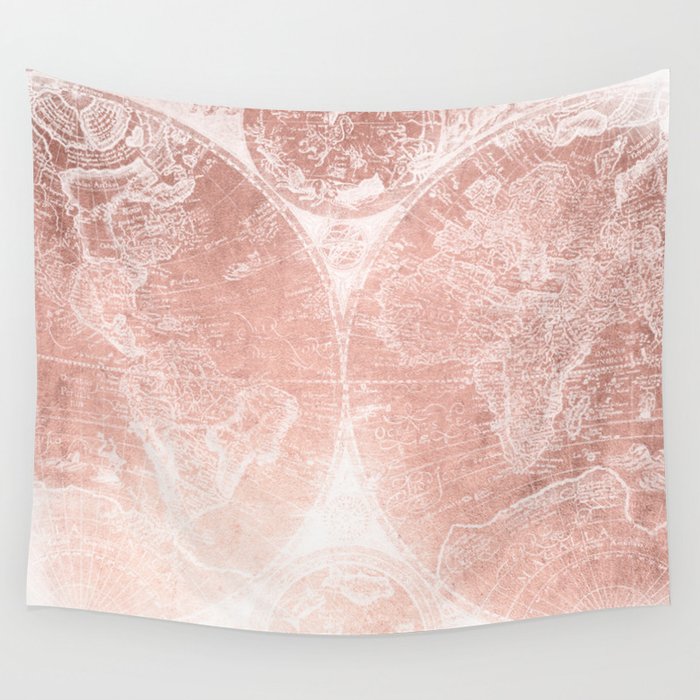 Antique World Map White Rose Gold Wall Tapestry