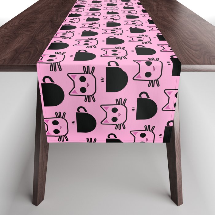 'Cat and Coffee Mug Pattern' (Pink) Table Runner