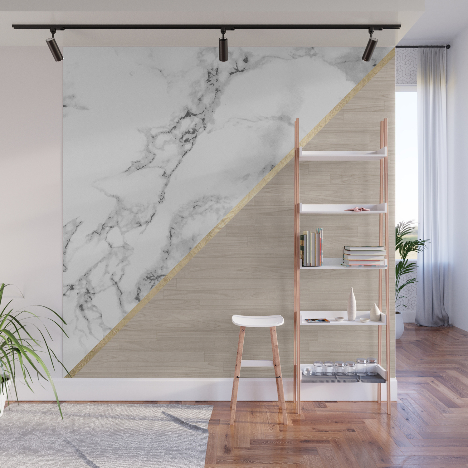 Modern White Marble Gold Stripe Wood Color Block Wall Mural By