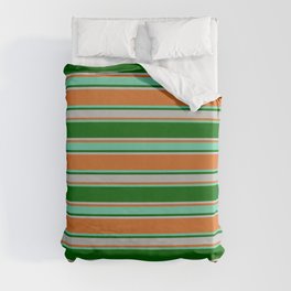 [ Thumbnail: Chocolate, Aquamarine, Dark Green, and Grey Colored Lines Pattern Duvet Cover ]