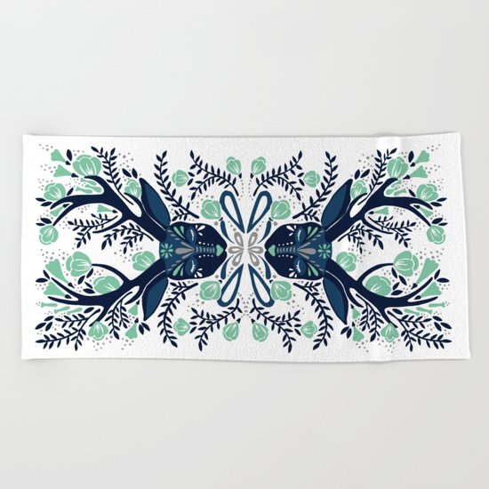 Floral Antlers – Navy & Mint Palette Beach Towel