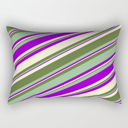 [ Thumbnail: Dark Sea Green, Dark Violet, Light Yellow & Dark Olive Green Colored Stripes Pattern Rectangular Pillow ]