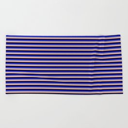 [ Thumbnail: Blue, Light Slate Gray, Light Pink, and Black Colored Lines/Stripes Pattern Beach Towel ]