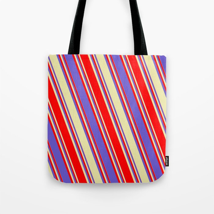 Red, Slate Blue, and Pale Goldenrod Colored Lined/Striped Pattern Tote Bag