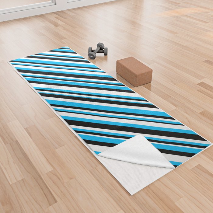 Deep Sky Blue, Black, and White Colored Lined Pattern Yoga Towel