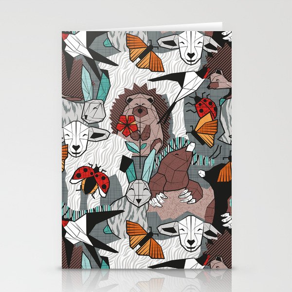 Geo spring animal party // green grey linen texture background brown aqua mint orange and neon red details Stationery Cards