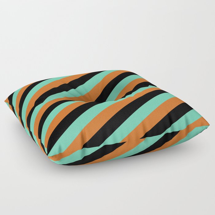 Black, Aquamarine, and Chocolate Colored Pattern of Stripes Floor Pillow