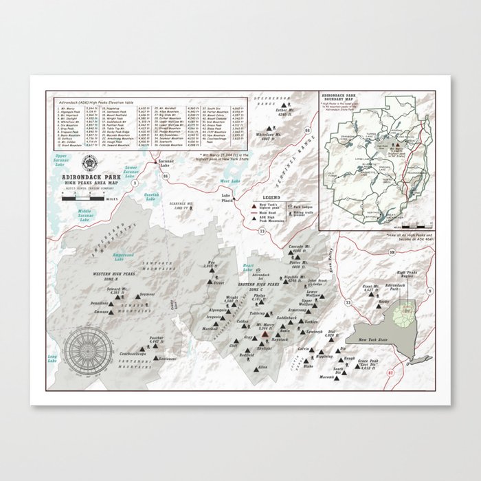 Adirondack 46 High Peaks Map [Black and White] Canvas ...