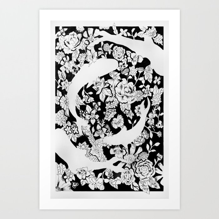 Floral Sharks Negative Space Illustration Art Print By