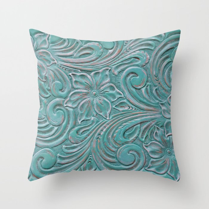Turquoise western floral tooling Throw Pillow