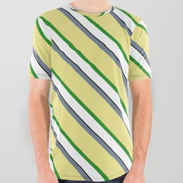 [ Thumbnail: Eye-catching Slate Gray, Tan, Forest Green, White, and Black Colored Lined Pattern All Over Graphic Tee ]