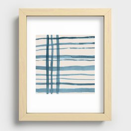 Watercolor Stripes in Blue on Tan Recessed Framed Print