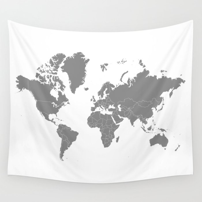 Minimalist World Map Gray on White Background Wall Tapestry