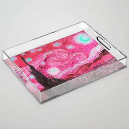 The Starry Night - La Nuit étoilée oil-on-canvas post-impressionist landscape masterpiece painting in alternate fuchsia pink and baby blue by Vincent van Gogh Acrylic Tray
