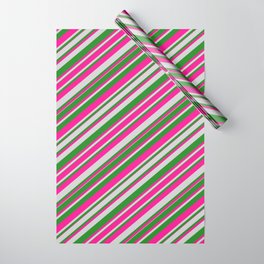 [ Thumbnail: Deep Pink, Light Grey, and Forest Green Colored Lines Pattern Wrapping Paper ]