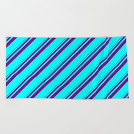 [ Thumbnail: Purple and Aqua Colored Lines Pattern Beach Towel ]