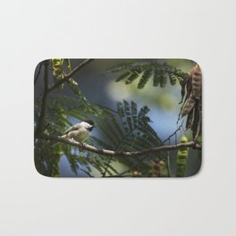 Roosting Black Capped Chickadee Bath Mat | Black, Tree, Roost, Branch, Roosting, Color, Bird, Leaves, Cream, Green 