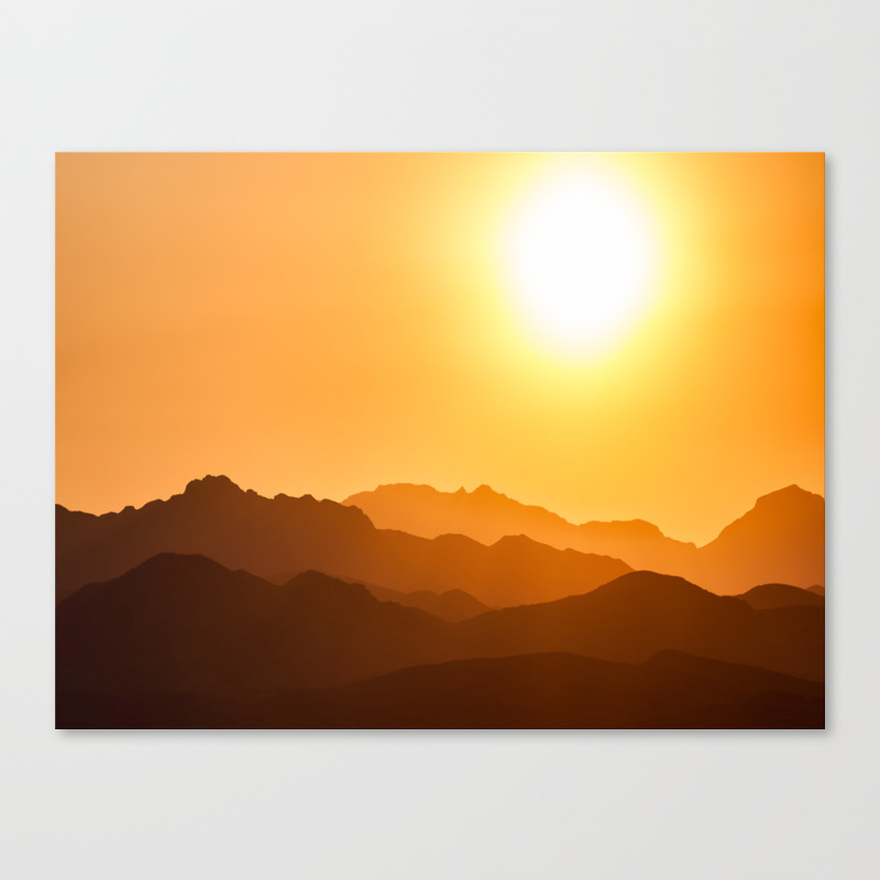 Orange Monochromatic Mountain Landscape Parallax Silhouette Yellow Orange Sunset Hues Canvas Print By Enshape Society6