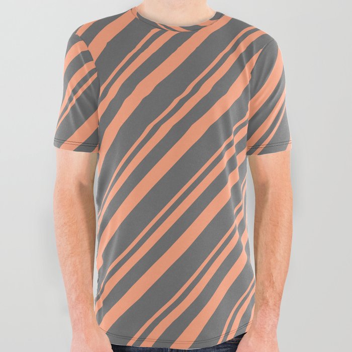 Light Salmon & Dim Grey Colored Striped Pattern All Over Graphic Tee