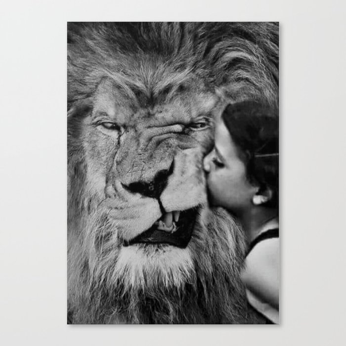 Grouchy Lion being kissed by brunette girl black and white photography Canvas Print