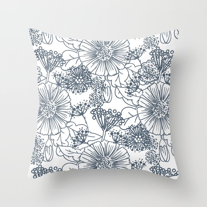 Blue and White Hand Drawn Floral Pattern - 2022 Color of the Year Mountain River 4005-6C Throw Pillow