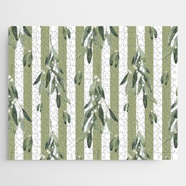 Watercolor Mistletoe Branches on Stripes Sage Green Jigsaw Puzzle