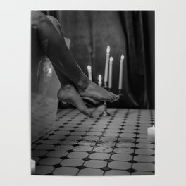 Let it all hang out; female portrait with candles in the bathtub black and white photograph - photography - photographs Poster