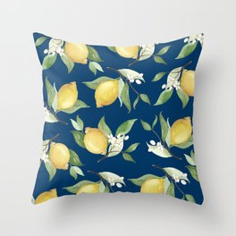 Navy Lemon Watercolor Painting - Lemon Pattern Throw Pillow