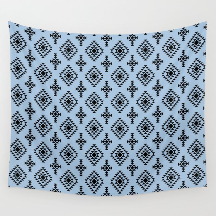 Pale Blue and Black Native American Tribal Pattern Wall Tapestry