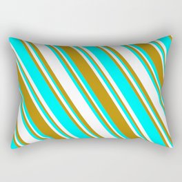 [ Thumbnail: White, Dark Goldenrod, and Aqua Colored Striped Pattern Rectangular Pillow ]
