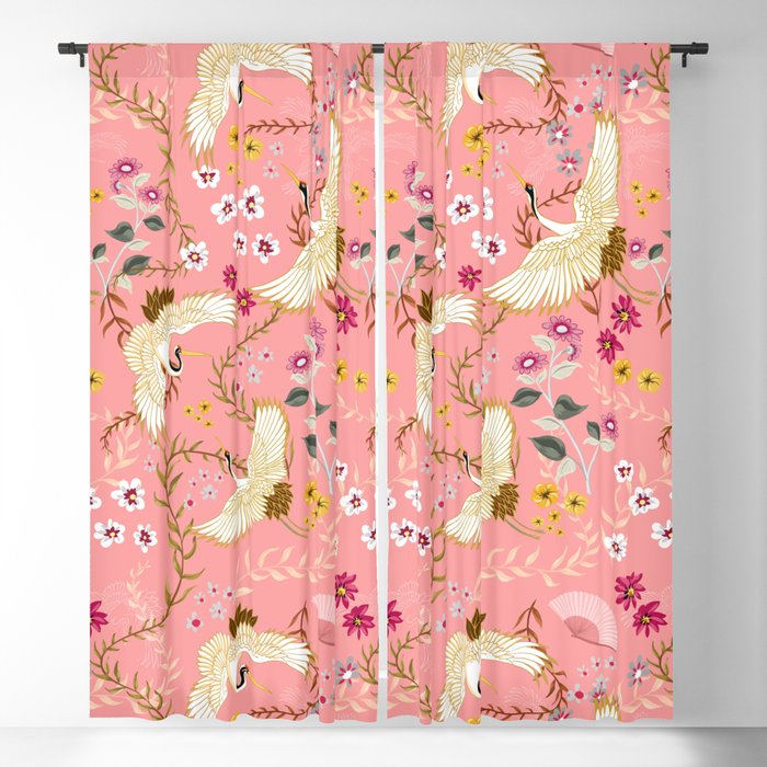 Chinoiserie cranes on pink, birds, flowers,  Blackout Curtain