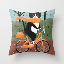 Tuxedo Cat Autumn Bicycle Ride Throw Pillow