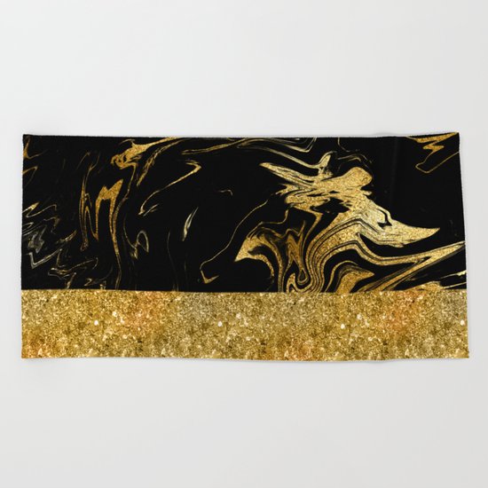 Luxury and glamorous gold glitter and black marble Beach Towel
