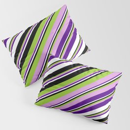 [ Thumbnail: Green, Plum, Indigo, White & Black Colored Lines/Stripes Pattern Pillow Sham ]