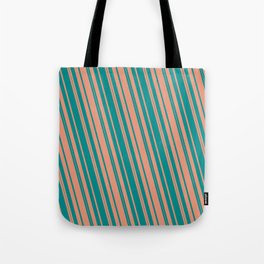 [ Thumbnail: Dark Cyan and Dark Salmon Colored Lined/Striped Pattern Tote Bag ]