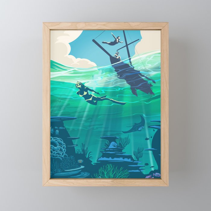 Retro Travel Coral Reef Diver Framed Mini Art Print