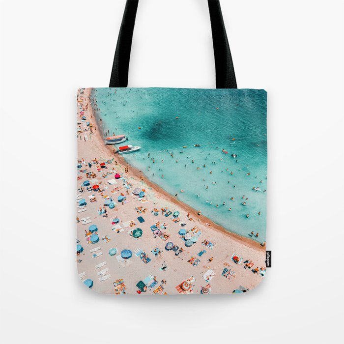 Ocean Pastel Aerial Beach Print, Beach Waves Art Print, Aerial Summer Pastel Beach Print, Beach Photography, People Umbrellas Art Print Tote Bag
