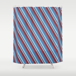 [ Thumbnail: Sky Blue, Brown & Blue Colored Striped/Lined Pattern Shower Curtain ]