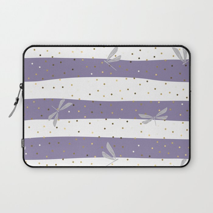 Silver Dragonfly Christmas seamless pattern and Gold Confetti on Purple and White Stripes Background Laptop Sleeve