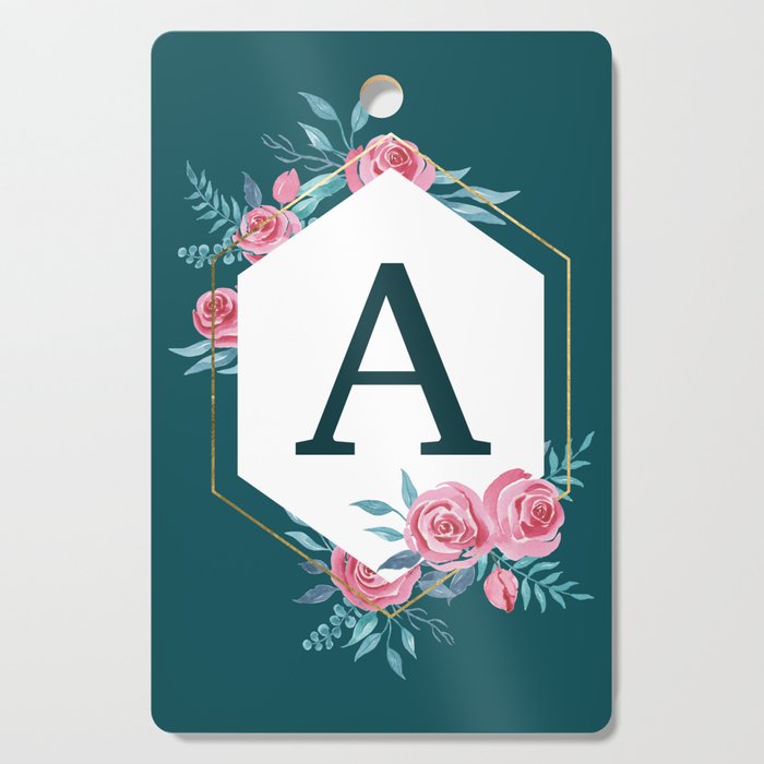 Personalized initial letter A monogram in floral frame on green Cutting Board