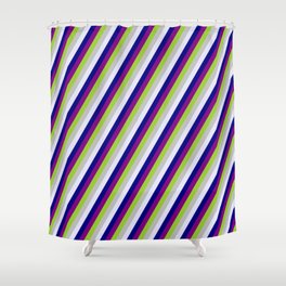 [ Thumbnail: Vibrant Green, Grey, Lavender, Blue & Purple Colored Lined Pattern Shower Curtain ]