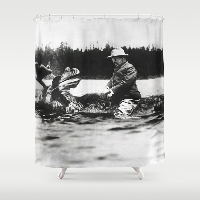 Teddy Roosevelt Riding a Moose, Black and White Vintage Art Shower Curtain  by vibrantvintage