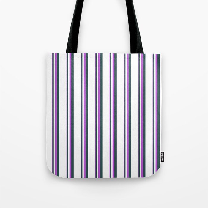 Orchid, Dark Slate Gray & White Colored Stripes/Lines Pattern Tote Bag