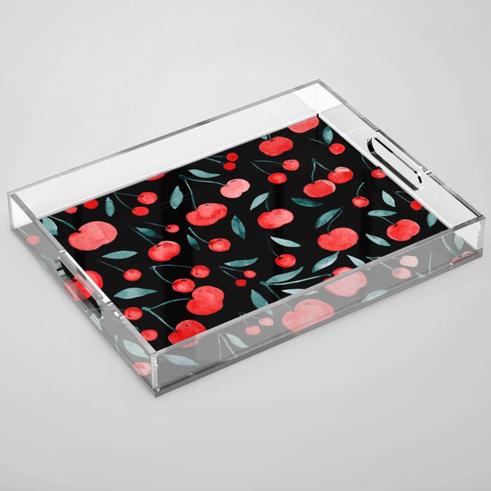 Watercolor cherries - black, red and teal Acrylic Tray