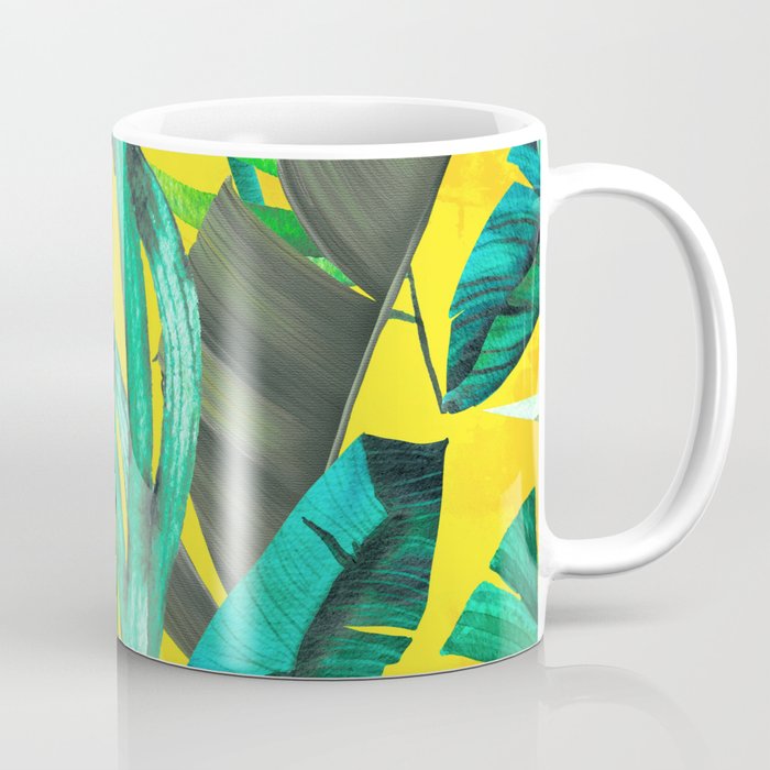 Exotic tropical green foliage forest, leaves and flowers tropical pattern, botanical illustration, yellow plants illustration Coffee Mug