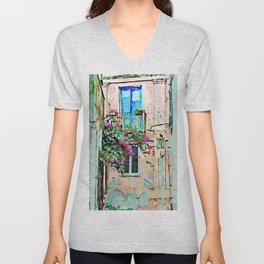 Building with pink wall and blue window V Neck T Shirt