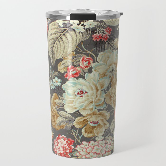 Gray Gold White Rose Pattern Travel Mug