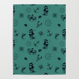 Green Blue And Blue Silhouettes Of Vintage Nautical Pattern Poster